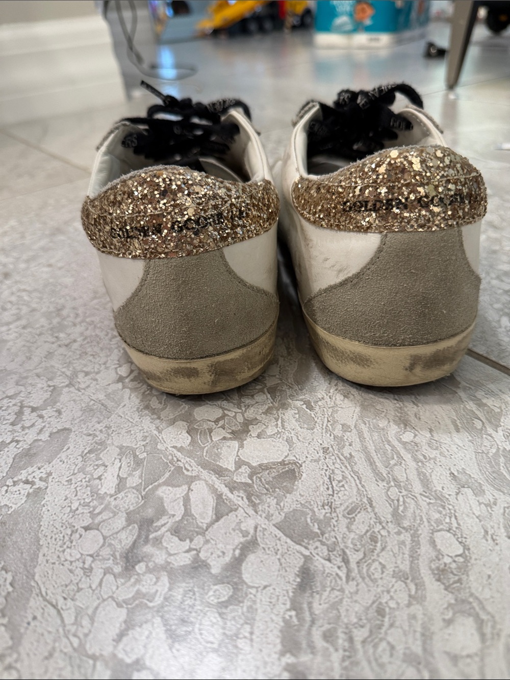 Golden Goose White Leather Sneakers with Silver Star and Gold Glitter Heel - Picture 3 of 7